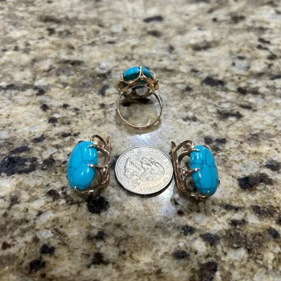 LARGE Russian Russia 14K Rose Pink Gold Turquoise Cabochon Pierced Earrings - Picture 13 of 15